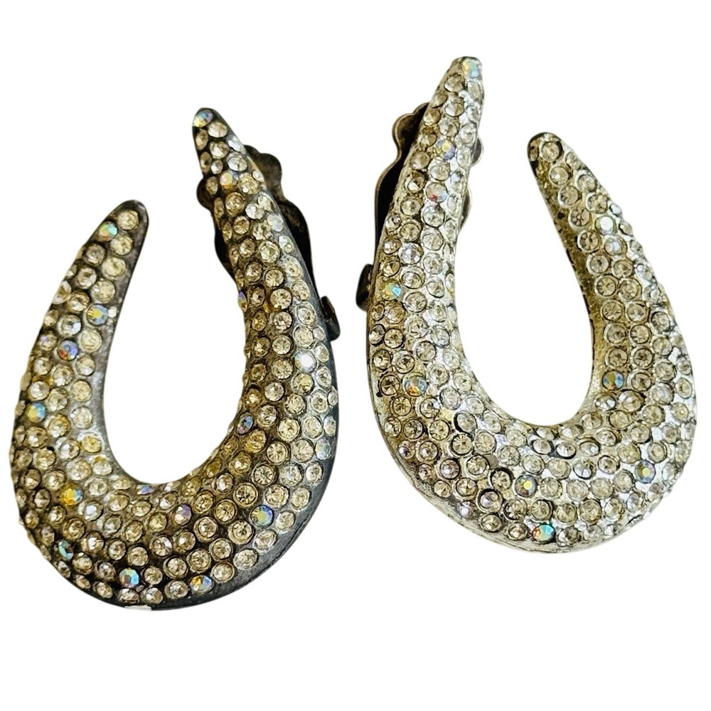 VTG Glitzy Earrings Runway Crystal Rhinestone Jeweled Clip Horn Chunky Sparkly